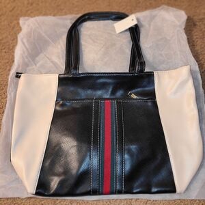 Black & White Tote Bag w/Red & Green Stripe by J. Francis